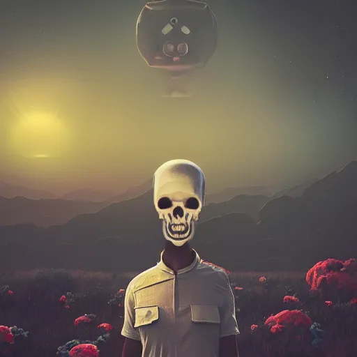 Image similar to beautiful dark landscape, astronaut with a skull head, beautiful flowers growing, in the style of beeple and Mike Winkelmann, intricate, epic lighting, cinematic composition, hyper realistic, 8k resolution,