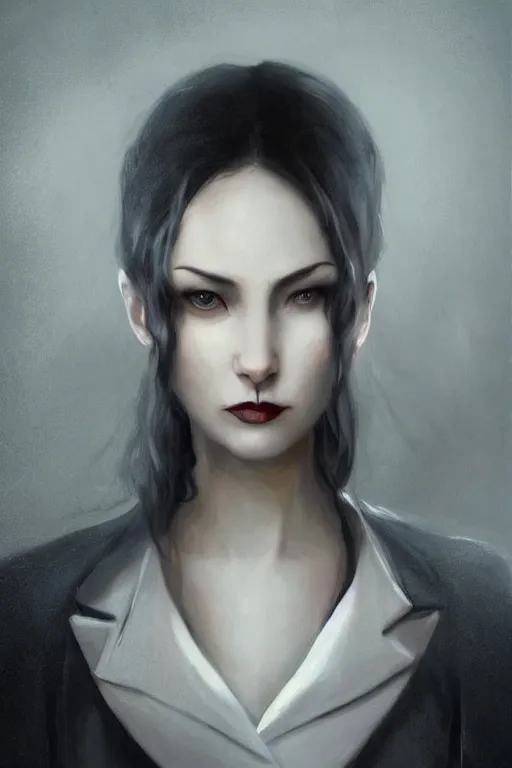 Prompt: a photo-realistically painted portrait of a singular lady vampire!!!!, dressed in a suit, perfect face!!!, beautiful eyes!!, digital painting, concept art, minimal artifacts, volumetric lighting, Artgerm, and William-Adolphe Bouguerea, in the style of Tom Bagshaw, cinematic!!, stunning!, trending on Artstation!, award-winning art!!!