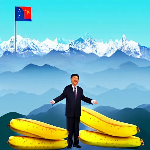 Image similar to Chinese president with bananas, dragon, mountains background, epic stance, battle