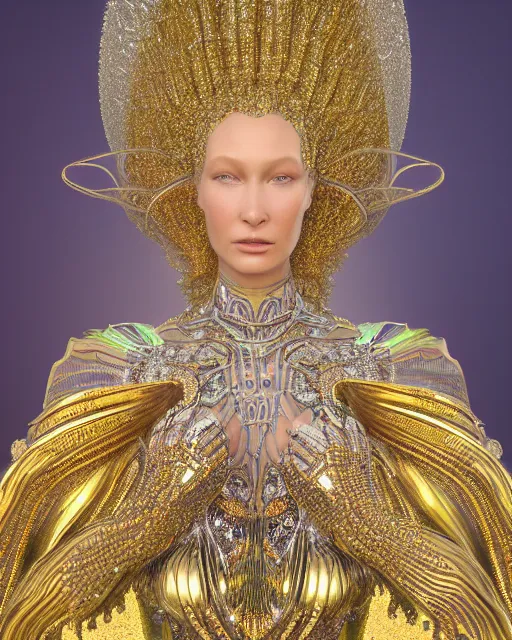 Image similar to a highly detailed metahuman 4 k close up render of an alien goddess bella hadid monument saint in iris van herpen dress schiaparelli in diamonds crystals swarovski and jewelry iridescent in style of alphonse mucha gustav klimt trending on artstation made in unreal engine 4