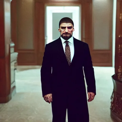 Image similar to Ramzan Kadyrov as The American Psycho, cinematic still