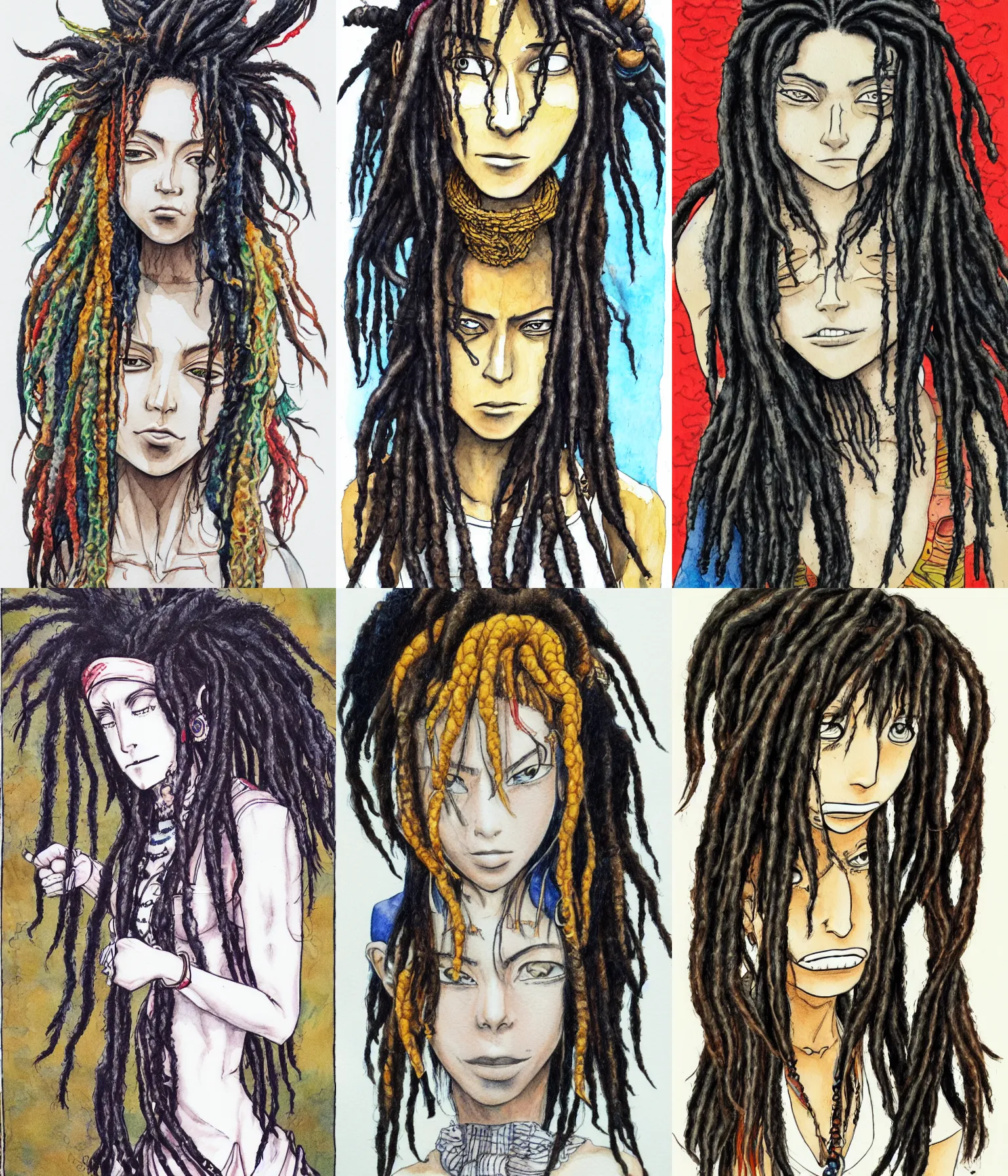 Prompt: woman with dreadlocks and bangs by eiichiro oda (2011), watercolor, colored pencil, ink on paper