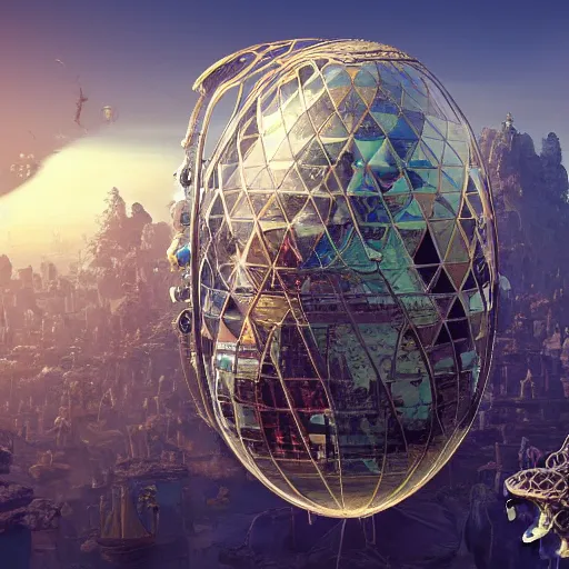 Prompt: enormous flying city in a faberge egg, sky, steampunk, fantasy art, masterpiece, unreal engine