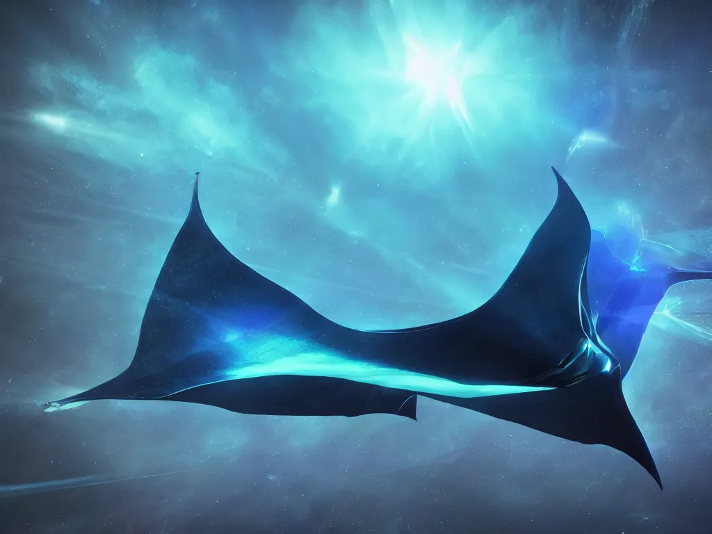 Prompt: giant manta ray on its journey through space, unreal engine 5, perspective 3 d octane render, psychedelic colours, cold blue color scheme!!!, by j. j. abrams, 8 k, light rays, lens flare, epic, hyperdetailed, trending on artstation