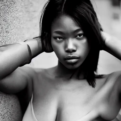 Image similar to a beautiful gorgeous black edgy model girl with short hair, bikini, she's sad, sunset, street of hong kong, 8 0 mm lens, 1. 2 aperture, kodak 5 2 1 9, grainy image, close up, cinematic light, very detailed, depressing atmosphere, cover magazine