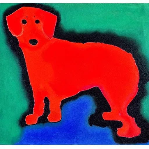 Image similar to A red dog sitting in the middle with red spots. in the art style of Kandinsky. Dramatic lighting, minimal painting, high resolution. Positive vibes