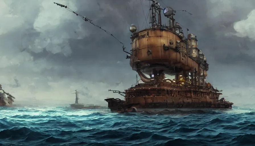 Image similar to A highly detailed matte painting of huge steampunk boat in the ocean, by Studio Ghibli, Makoto Shinkai, by Artgerm, by WLOP, by Greg Rutkowski, volumetric lighting, octane render, 4K resolution, trending on artstation, masterpiece
