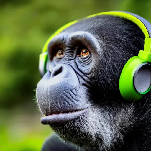 Image similar to a high quality photo of a green chimp wearing headphones, realism, 8k