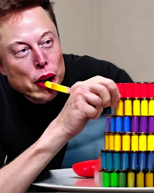 Image similar to a man eating crayons with a fork, elon musk, 4 k, high quality, crayons served on a plate