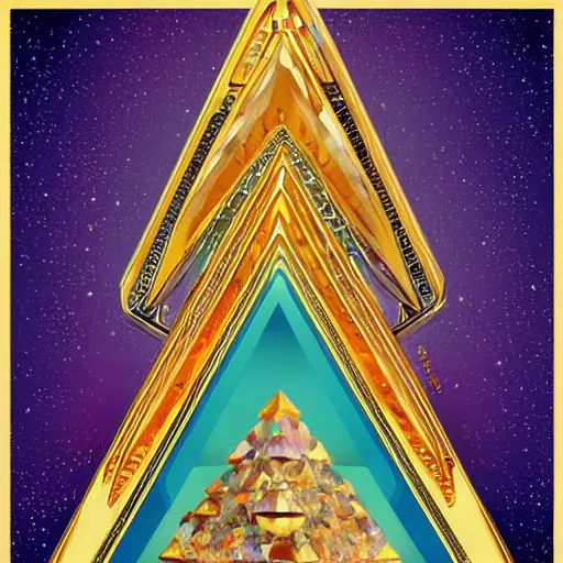 Prompt: a sadomasochistorya and gregarious pyramidal jewel, made of gold and jewels, majestic by john philip falter, trending on art deco tincture, trending on artstation the cosmic microwave