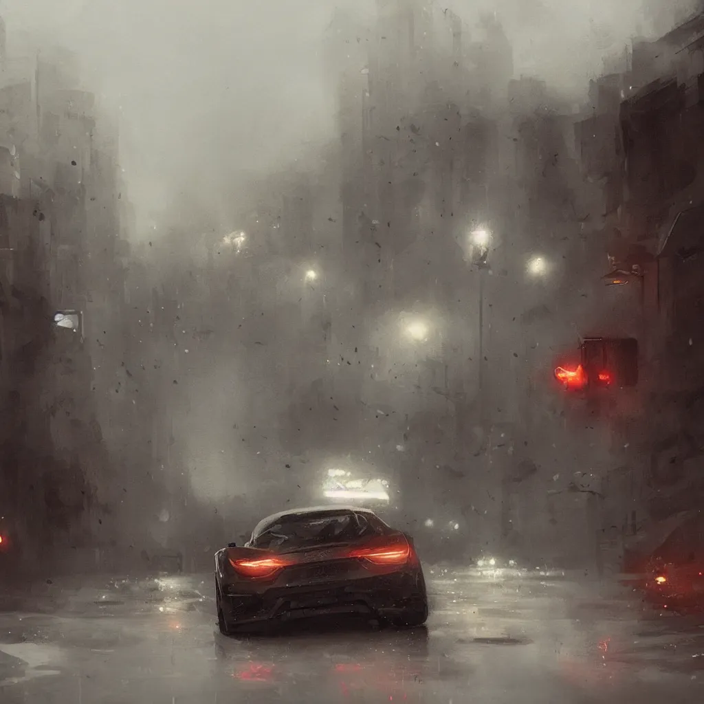 Image similar to greg rutkowski art, insanley detailed, extremly detailed, masterpice, a car driving slowy on a street with moody weather