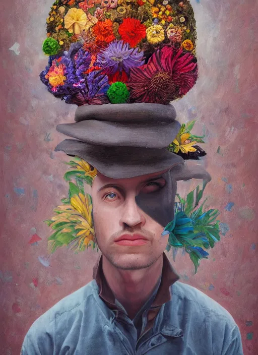 Image similar to a painting of a man with a strange hat on his head, a surrealist painting by Szymon Kot, behance contest winner, metaphysical painting, made of flowers, oil on canvas, detailed painting