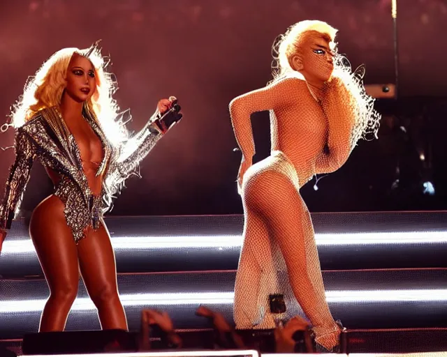 Image similar to Lady gaga and Beyonce perfom together at a concert, EOS 5D, ISO100, f/8, 1/125, 84mm, RAW Dual Pixel, Dolby Vision, HDR, AP, Featured