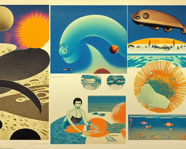 Image similar to 1976 science fiction poster, cut out collage, nouvelle vague, beach on the outer rim, kabuki theater, tropical sea creatures, aquatic plants, drawings in style of Ernst Haeckl, composition William S Boroughs, written by Ernst Jandl