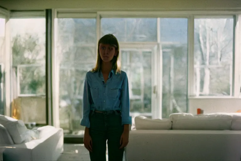 Image similar to backlit photograph of woman standing in front of object radiating esoteric energy in suburban living room, crisp focus, highly detailed, in george hardie style, 3 5 mm ektachrome