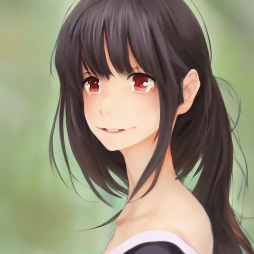 Prompt: A medium shot anime portrait of a happy blue-eyed brunette anime woman, a single short ponytail, solid smooth teeth, no bangs, with large breasts, wearing a blouse, solid background, by Stanley Artgerm Lau, WLOP, Rossdraws, James Jean, Andrei Riabovitchev, Marc Simonetti, and Sakimi chan, trending on artstation