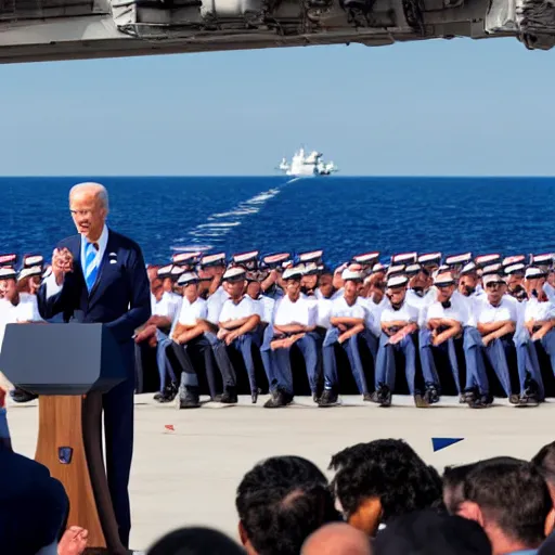 Image similar to Joe Biden on an aircraft carrier giving a speech, HD, 8K photo