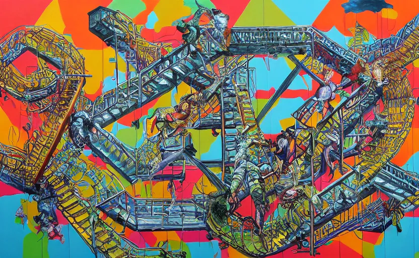 Image similar to chutes and ladders. detailed abstract acrylic painting by bordalo ii, by mc escher, by raqib shaw, japanese popsurrealism,