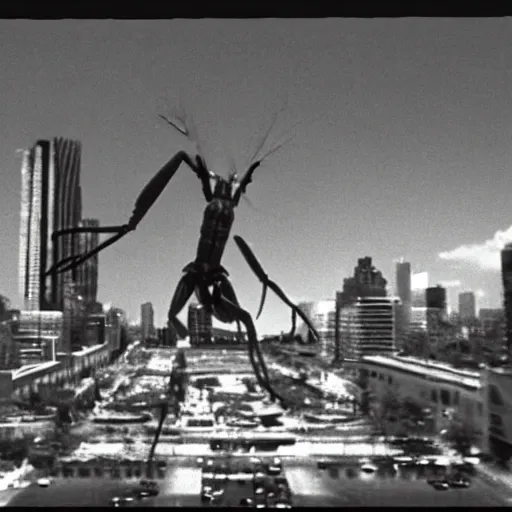 Image similar to “ still image taken from sci fi horror movie of a giant praying mantis attacking a city. low camera angle. 1 9 6 0 ”