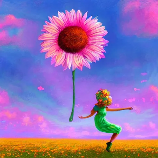 Image similar to giant daisy flower as head, girl dancing in a flower field, surreal photography, sunrise, dramatic light, impressionist painting, colorful clouds, digital painting, artstation, simon stalenhag