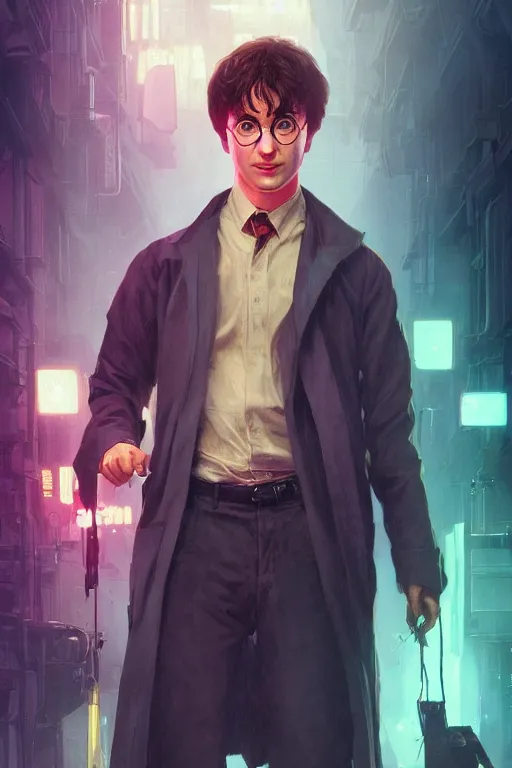 Image similar to Portrait of Harry Potter in cyberpunk, implants, neon cinematic lighting, digital art from artstation by Ruan Jia and Mandy Jurgens and Artgerm and william-adolphe bouguereau and Greg Rutkowski and Wayne Barlowe
