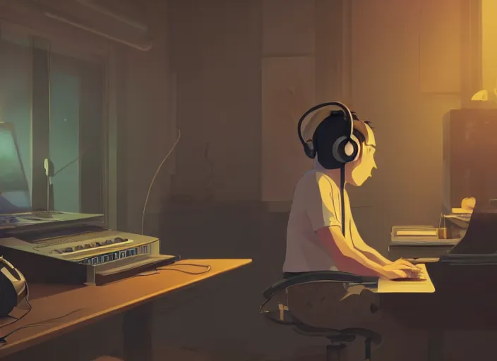 Image similar to man with headphones at his home studio producing music late at night, very detailed, 4 k, cory loftis, james gilleard, atey ghailan, makoto shinkai, goro fujita, studio ghibli, rim light, exquisite lighting, clear focus, very coherent