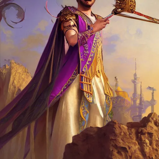 Image similar to charming arabian ( ( ( tailor ) ) ), dressed in fine colorful robes and jewelry over fantasy armor, goatee, smirking, holding a magic needle and spool, fantasy art by barret frymire and artem priakhin and wenjun lin and greg rutkowski and alphonse mucha, artstation, matte, illustration, intricate, highly - detailed high resolution