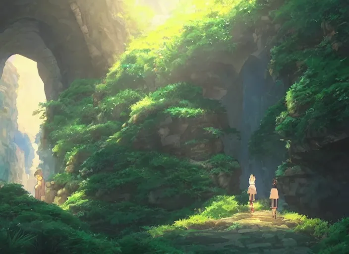 Prompt: A entrance into a magical cavern, wide shot, peaceful and serene, incredible perspective, soft warm lighting, anime scenery by Makoto Shinkai and studio ghibli, very detailed