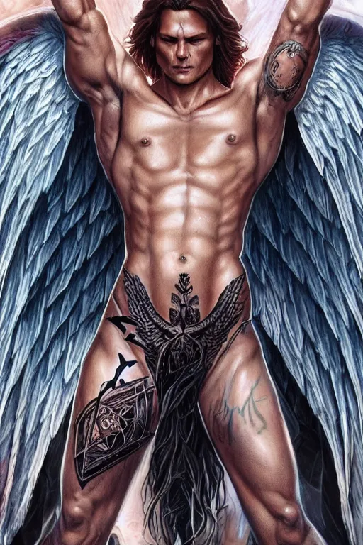 Prompt: handsome! Sam Winchester as a muscular angel wings wide open whole body tattooed with runes and religious symbols, urban fantasy romance book cover, D&D!, fantasy style, sharp focus!, ultra detailed, art by Artgerm and Peter Andrew Jones, WLUP