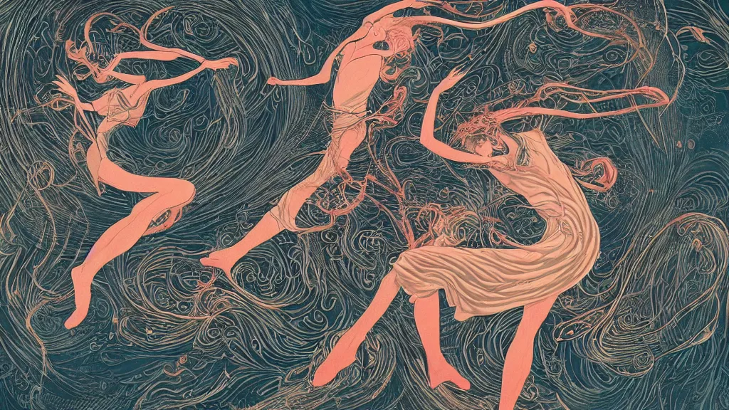 Prompt: a smoke dancer, in swirling harmony, james jean and victo ngai