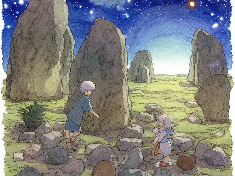 Prompt: a simple watercolor studio ghibli movie still fantasy concept art of a giant kid playing with stones like they are toys in stonehenge. it is a misty starry night. by rebecca guay, michael kaluta, charles vess