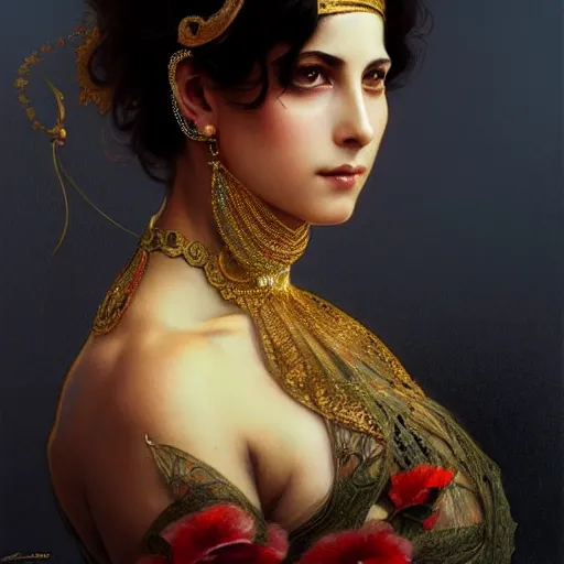 Image similar to beautiful portrait of mata hari, natural beauty expressive pose, fantasy, intricate, elegant, highly detailed, digital painting, artstation, concept art, smooth, sharp focus, illustration, art by artgerm and greg rutkowski and alphonse mucha