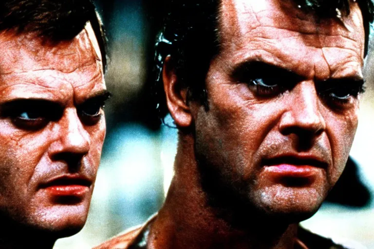 Image similar to A young Jack Nicholson on blade runner 1982, movie still, face close-up, in color, detailed face, 4k,