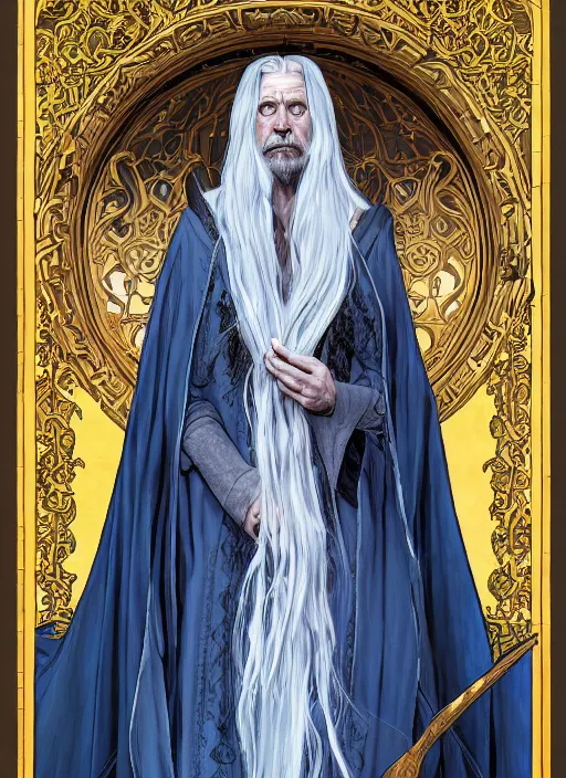 Image similar to medium - length portrait of a wizard, arcane sigils hovering over her hands, with long white hair and glowing blue eyes, dark brown skin, stern expression, wears a long robe, medieval setting, dramatic pose, highly detailed, digital painting, artstation, concept art, sharp focus, illustration, art by greg rutkowski and alphonse mucha