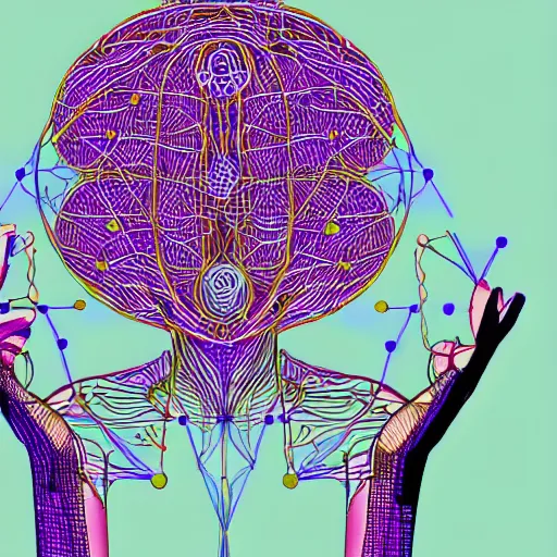 Prompt: symmetric moebius drawing of a female neuroscientist holding a microprocessor in her hands, surround by brain neural networks and mathematical drawings of geometry in the style of moebius, jean giraud
