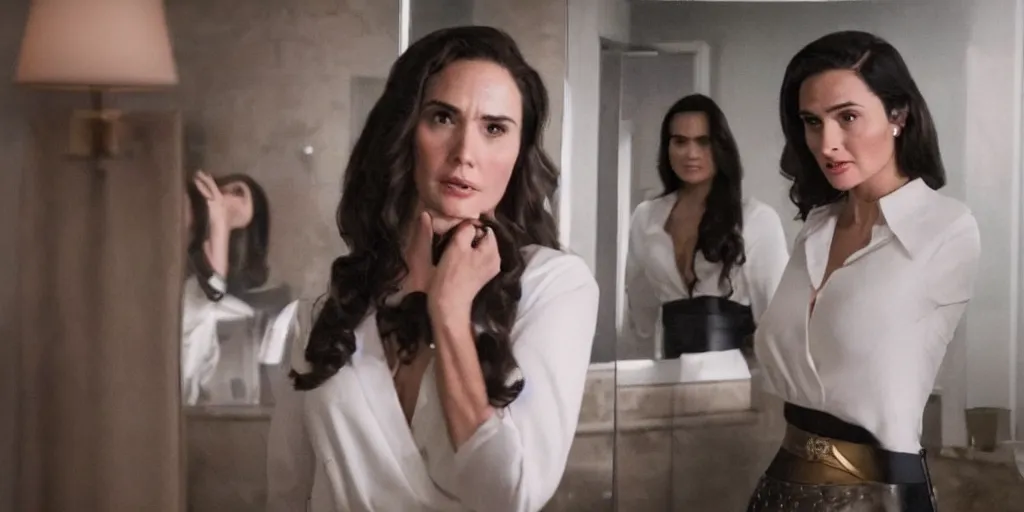 Prompt: ultra wide angle photo of torrey devito dressed in a white blouse and black dress pants as diana prince looking at herself in a bathroom mirror and seeing her reflection as wonder woman