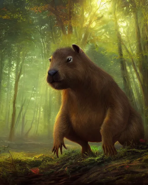 Image similar to oil painting of Anthropomorphized Capybara Druid, casting green nature magic spell, glowing eyes, sharp focus, fantasy style, octane render, volumetric lighting, 8k high definition, by greg rutkowski, highly detailed, trending on art Station, magic the gathering artwork, magical forest backround, centered