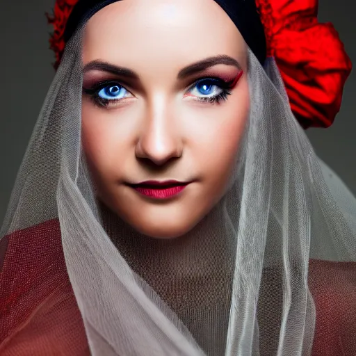 Prompt: beautiful red eyed woman wearing a veil on her head, photography, award winning, 8 k resolution, macro lens, studio lighting, soft focus