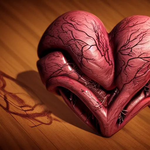 Image similar to lovecraftian anatomical heart lying on a wooden desk, closeup, detailed, realistic, cinematic lighting, unreal engine, cgsociety, detailed