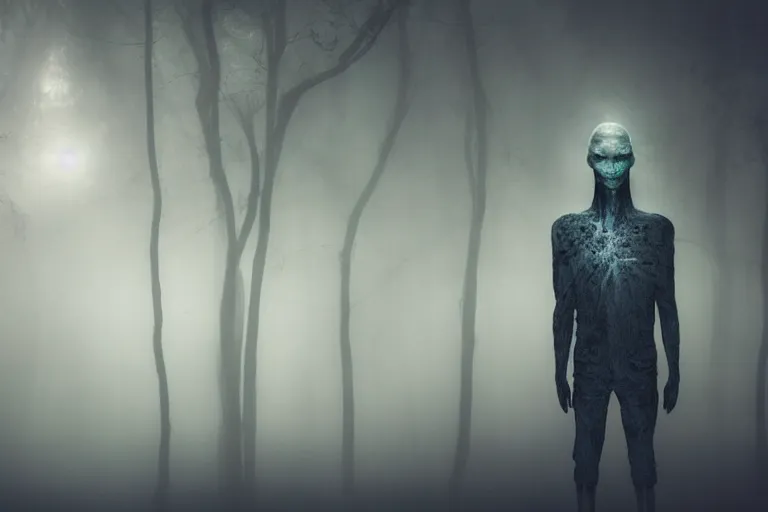 Image similar to a mystical alien standing in a dark, gloomy forest, detailed, mythical, mist, depressing, tired, dark, lush, nature, mist, mystery, glows, somber, dismal, fog, heavy fog, dark lighting, rim light, ambient light,