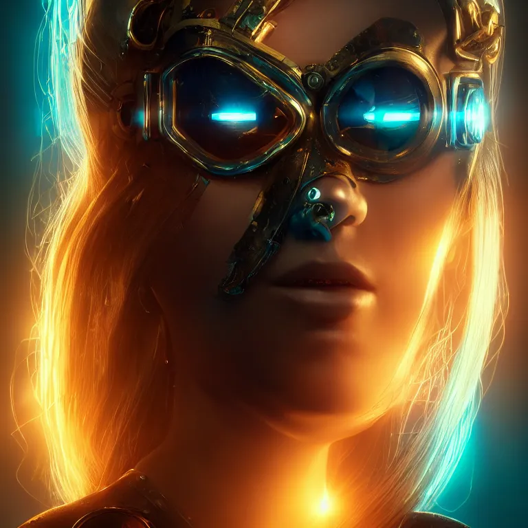 Prompt: beautiful cinematic poster, female cyberpunk cyborg, a gold circuit mask, brilliant blue flowing hair, beautiful glowing eyes, wideshot ultrawide angle epic scale, hybrid from the elden ring and art direction by darius zawadzki, wayne reynolds artstation ; cinematic quality character render ; low angle ; ultra high quality model, quality cinema model