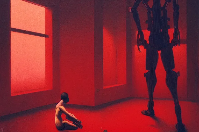 Image similar to only with red, a red cyborg samurai, tokio futuristic in background, some evil yokai, in the style of beksinski, parts by edward hopper, parts by rodcenko, parts by yue minjun, intricate and epic composition, red by caravaggio, insanely quality, highly detailed, masterpiece, red light, artstation, 4 k