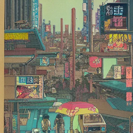 Image similar to 1979 magazine cover depicting a futuristic Japanese village at street level. Art in the style of Moebius, cyberpunk, masterpiece