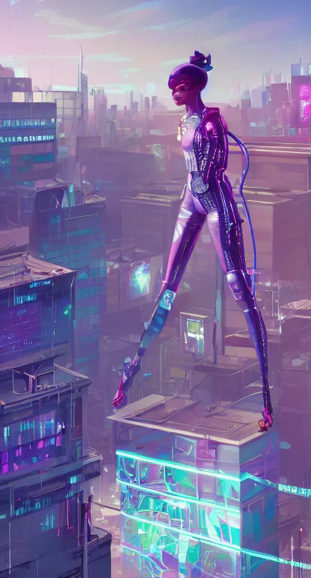 Image similar to zendaya as a cyberpunk hero standing on the rooftop of cybertown, art poster, full body, t - pose, character design, ambient lighting, 4 k, lois van baarle, ilya kuvshinov, rossdraws, alphonse mucha, jung gi kim, dylan kowalsk, artstation