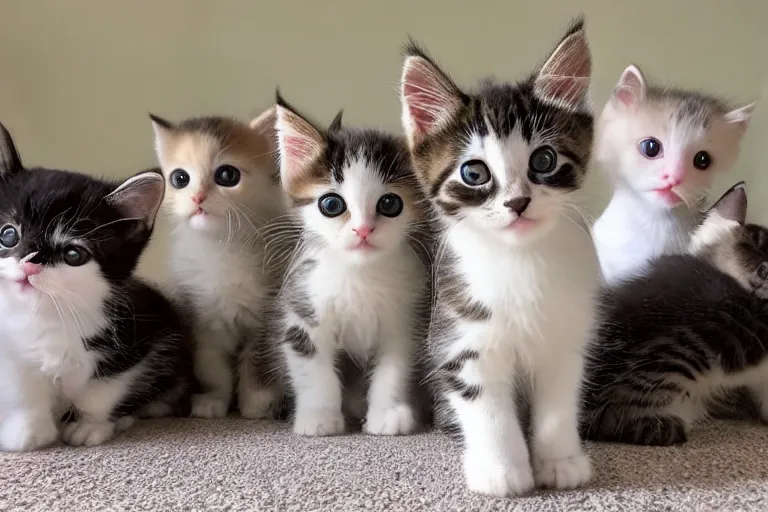 Image similar to a living room full of cute kittens that are all sitting positioned facing directly at the camera and all of the kittens are looking directly into the camera