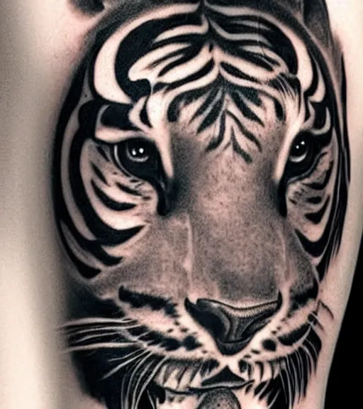 Image similar to tattoo design of a beautiful girl warrior under a tiger head, hyper realistic, realism tattoo, by eliot kohek, beautiful eyes, realistic face, black and white, white background