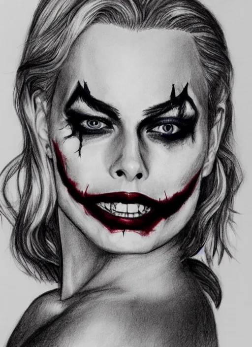 Prompt: a drawing of margot robbie with joker makeup, ace card, realistic face, black and white, hyper realistic, highly detailed