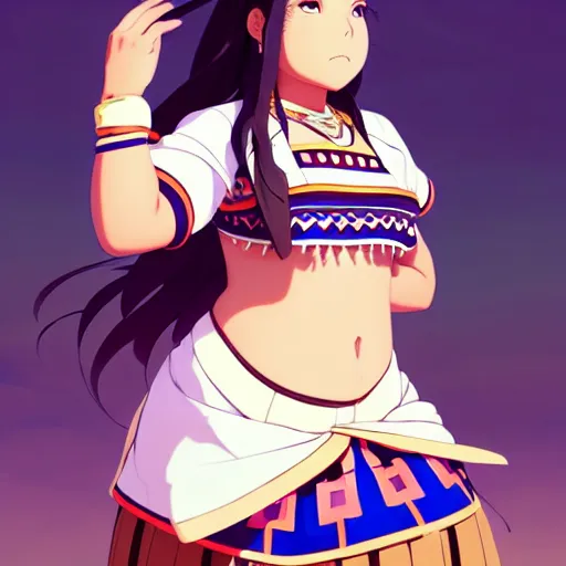 Image similar to a beautiful! plus sized native women instagram model, brown skin, wearing elegant catholic school girl designer fashion with mayan pattern and native style, aztec street fashion, gapmoe yandere grimdark, trending on pixiv fanbox, painted by greg rutkowski makoto shinkai takashi takeuchi studio ghibli, akihiko yoshida