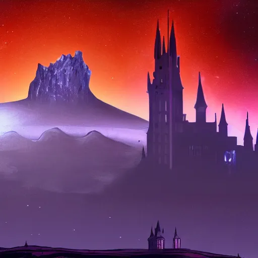 Prompt: a dark gothic castle with tall spires on an asteroid floating in space with a red and purple nebula