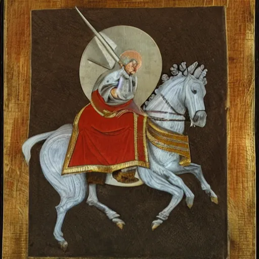 Image similar to the pope riding a unicorn with a saddle, 8 k, sharp, highly detailed